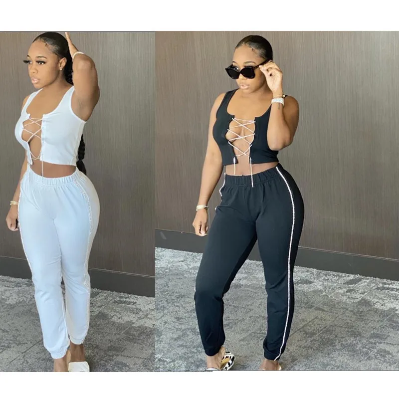 

2020 Summer Two Piece Set Outfits Solid Colors Sexy Hollow Out Women Clothing Lacing Up Wears For Woman 2 Piece Set Joggers