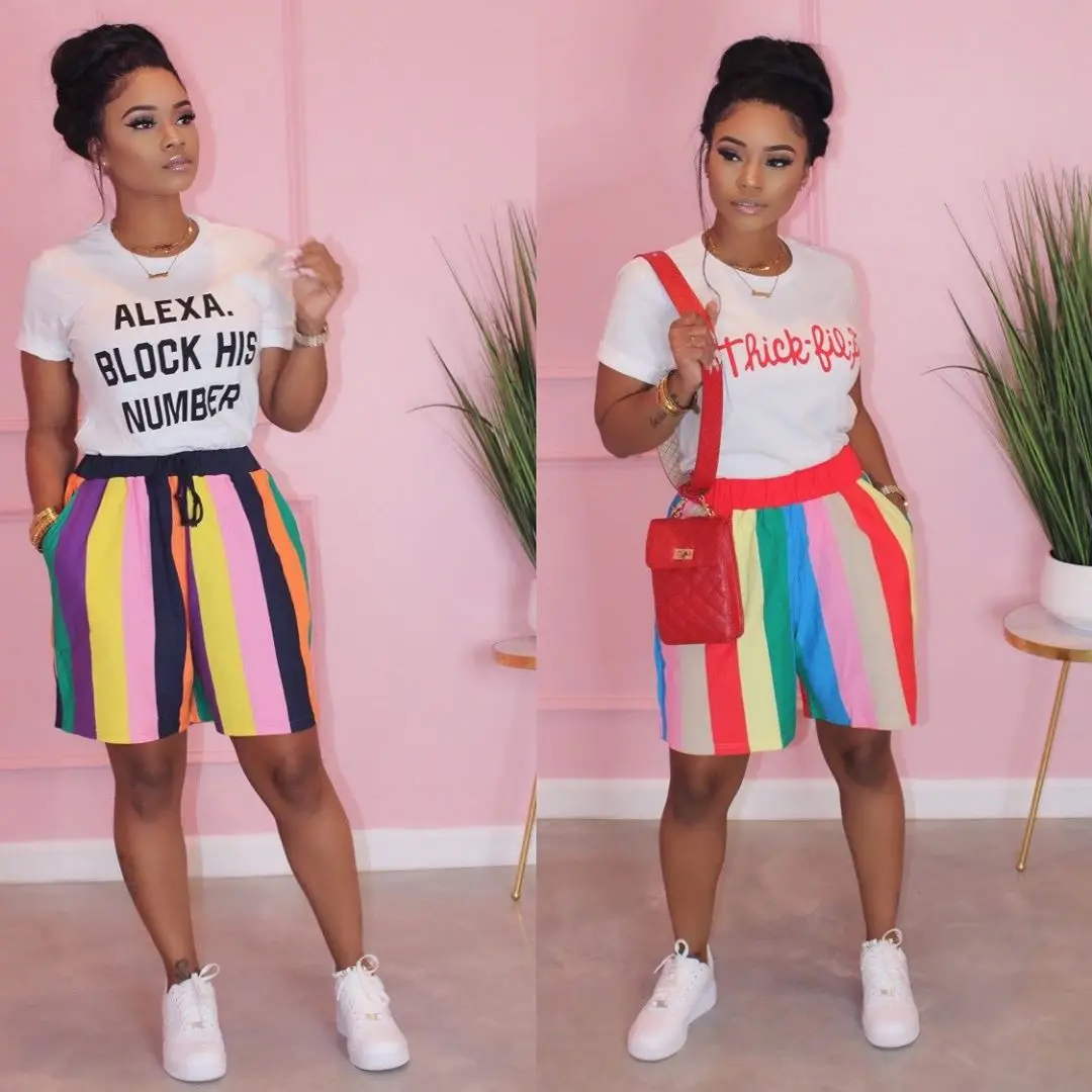 

Bunny- 5283 Stylish casual loose rainbow striped shorts and T-shirt set 2 piece set women clothes women