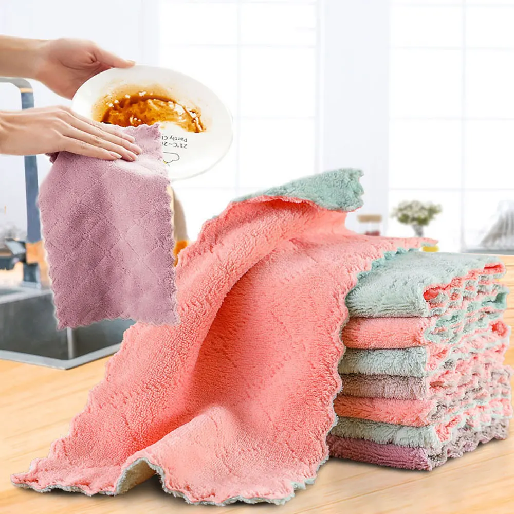 

Wash Cloth Tableware Kitchen Microfiber Kitchen Towels Double-layer Absorbent Thicker Scouring Pad Rag Non-stick Oil Dish, As photo