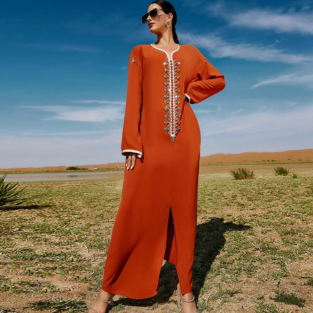 

Handmade beads muslim women dress dubai women arab long dress, Orange