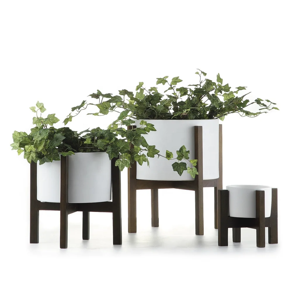 Ceramic concrete flower pot with wooden stand flower pot planter