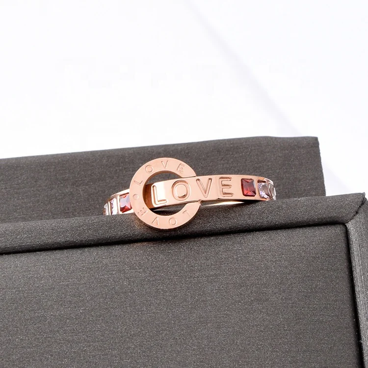

European trendy rose gold plated LOVE printed inlay colorful zircon 316 stainless steel rings for women jewelry
