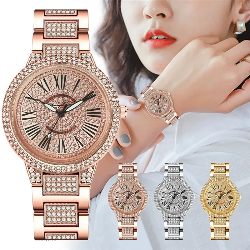 

WJ-10550 Hot Selling Rome Design Luminous Full Rhinestone Vintage Watch Ladies New Fashion Luxury Gold Diamond Watch For Women, Mix