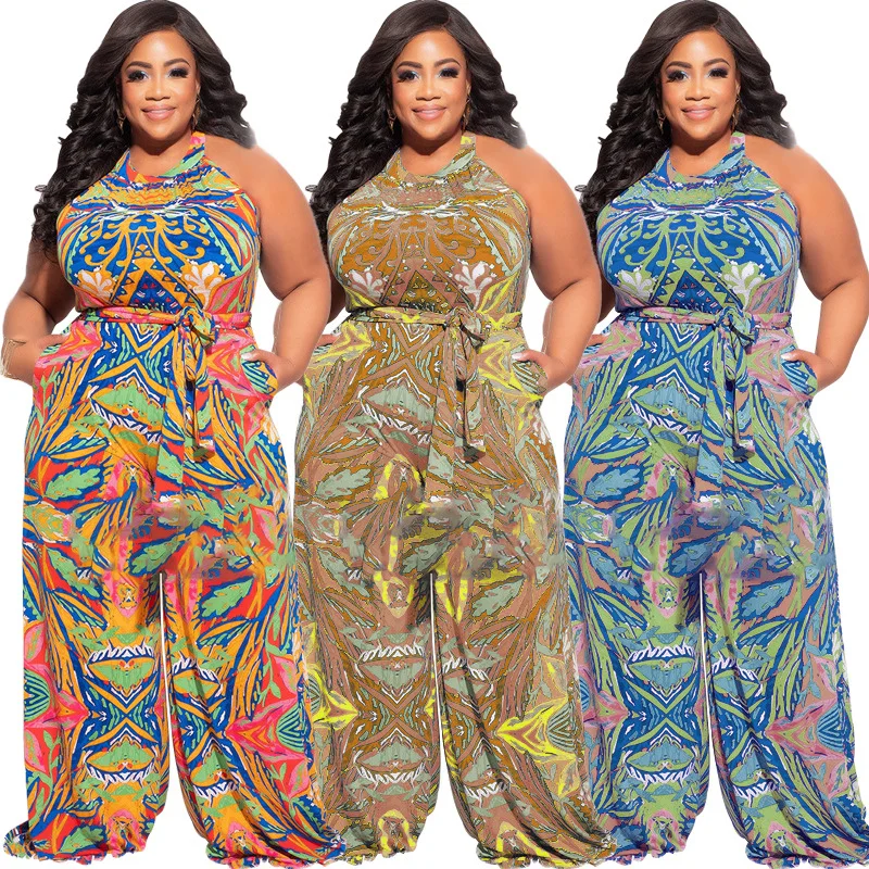 

H9292 - women casual plus size printed sleeveless wide leg jumpsuit with belted