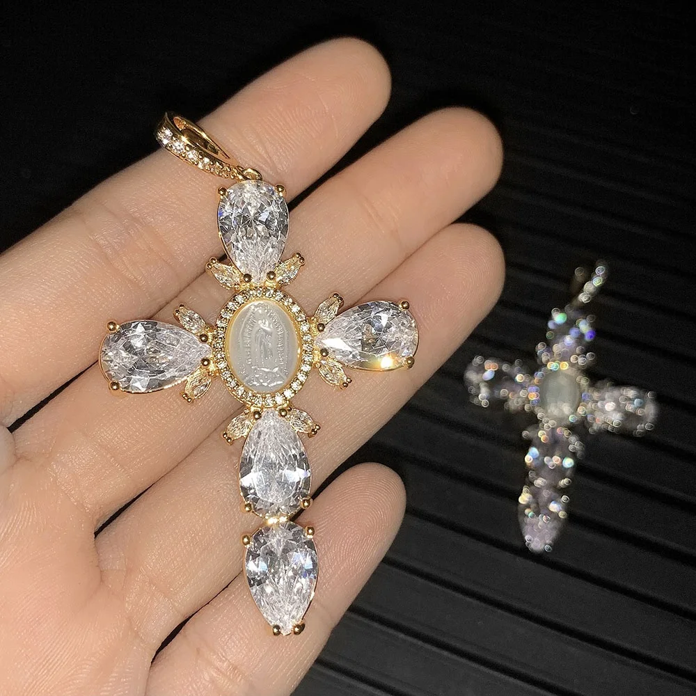 

Hot Sale Iced out Saint Virgin Maria Pendant Necklace Bling Shell Engraved Cross Pendant Jewelry