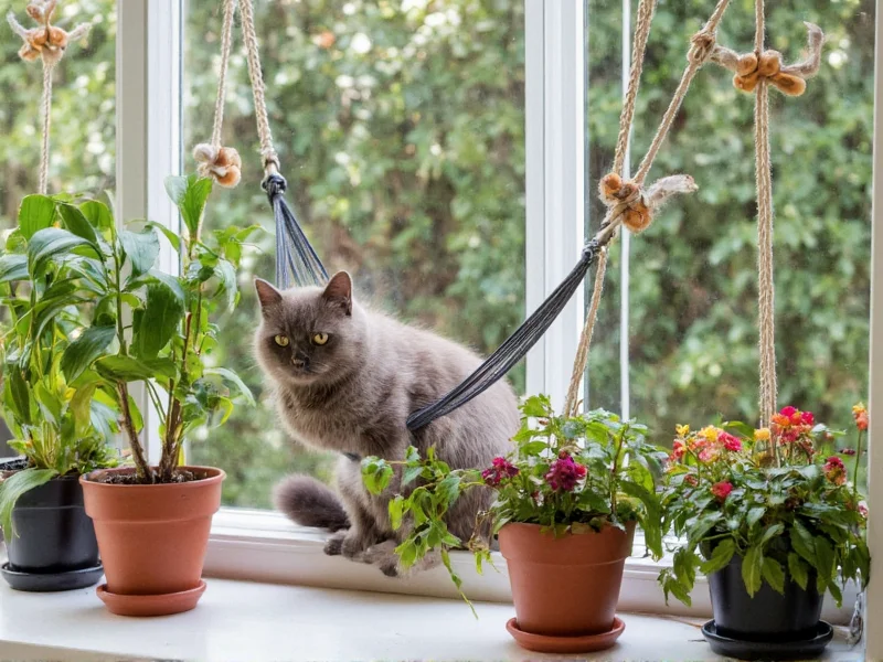 Window-mounted catio with potted plants and hammock