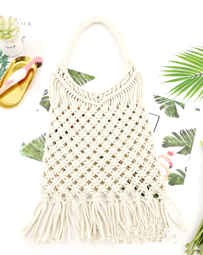 

Hollow Out Cotton Rope Lady Beach Tote Bag Casual Thread Straw Cross Body Bag with Tassel, Photo(or customized)