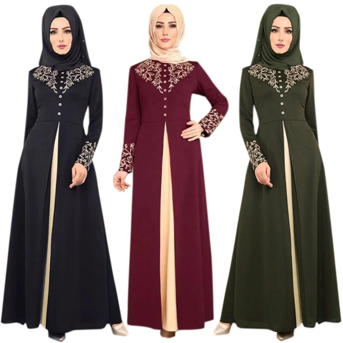 

The new patchwork long dress bronzing craft collision color Islamic fashion temperament dressmuslim kimono