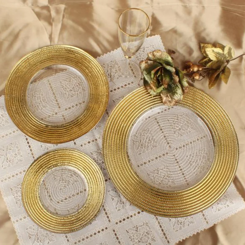 

New Arrivals Charger Plates Exquisite Restaurant Luxury Ceramic Dessert Dinner Plates With Gold Line Glass Charger Plates, Picture