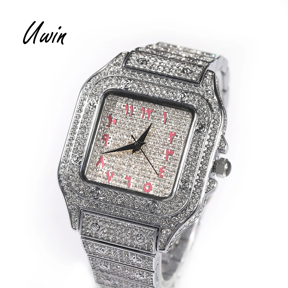 

UWIN New Arabic Dial Full Diamond Face Pink Blue Numerals Colored Numbers Watch Women Men Iced Out Bling Rapper Watches, Gold, silver, rose gold, black