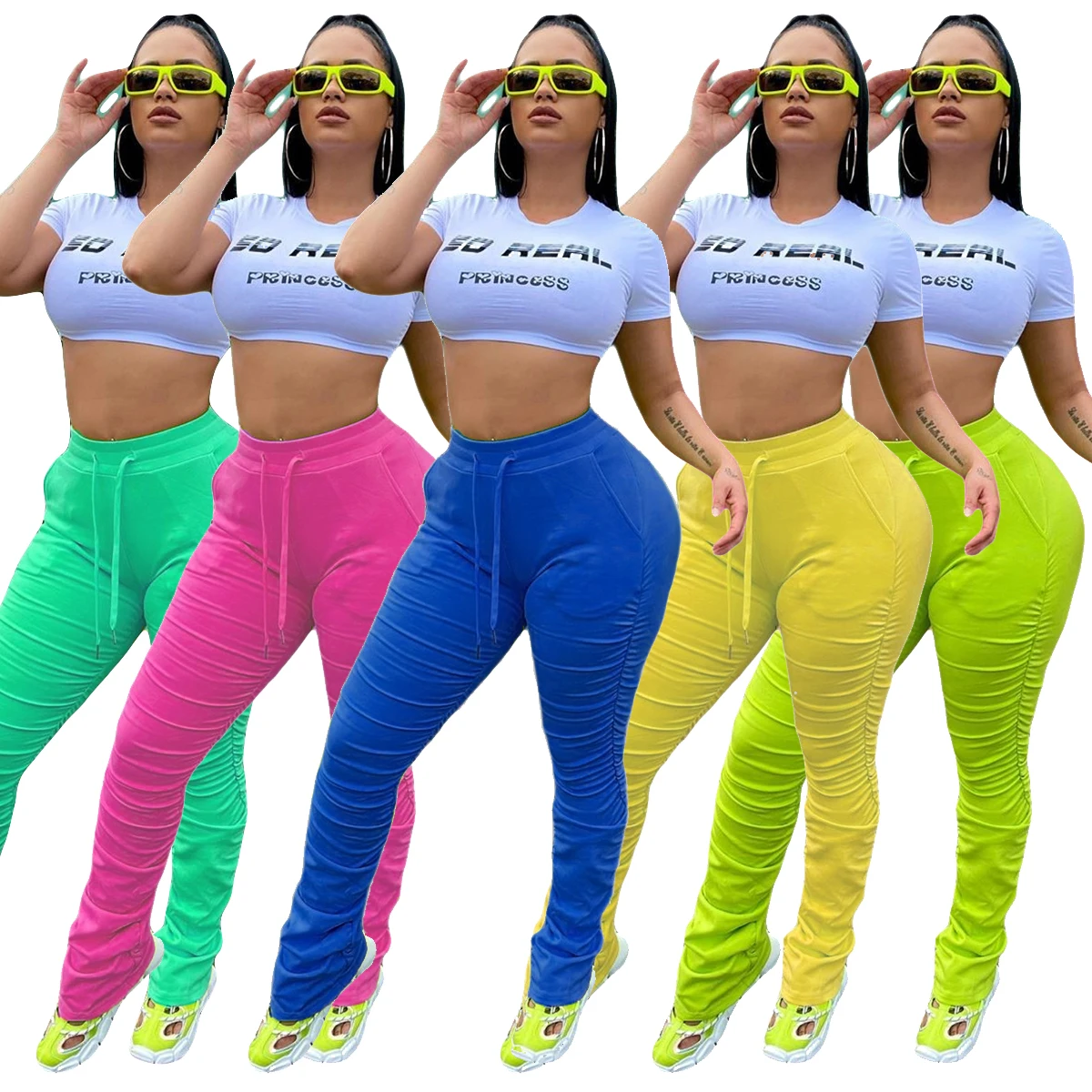 

FM-YY5168 Women'strousers straight leg pants draw plait sport trousers summer style pants five colors stacked pants set, As pictures