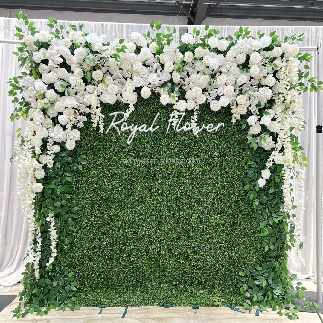 Q06-2 Home Wedding Decoration Green 3d Roll up Cloth Artificial Flower Wall Faux Tropical Plant Foliage Flower Wall Backdrop Pan