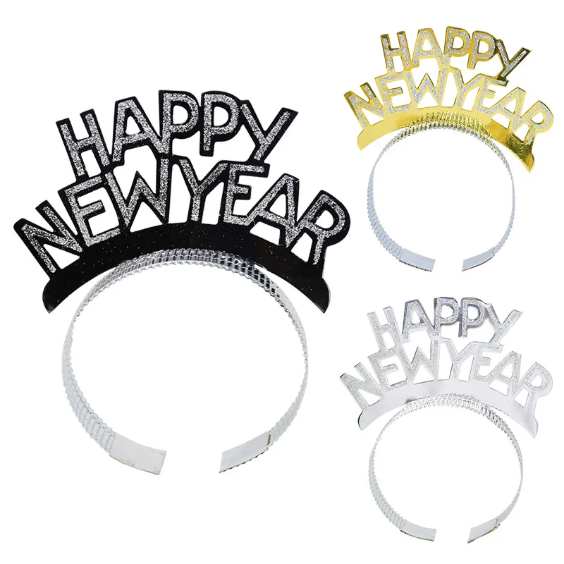 

Happy New Year Headband Glitter Gold Silver Hairbands Photo Props For New Year Eve Christmas Party Hair Hoop Accessories