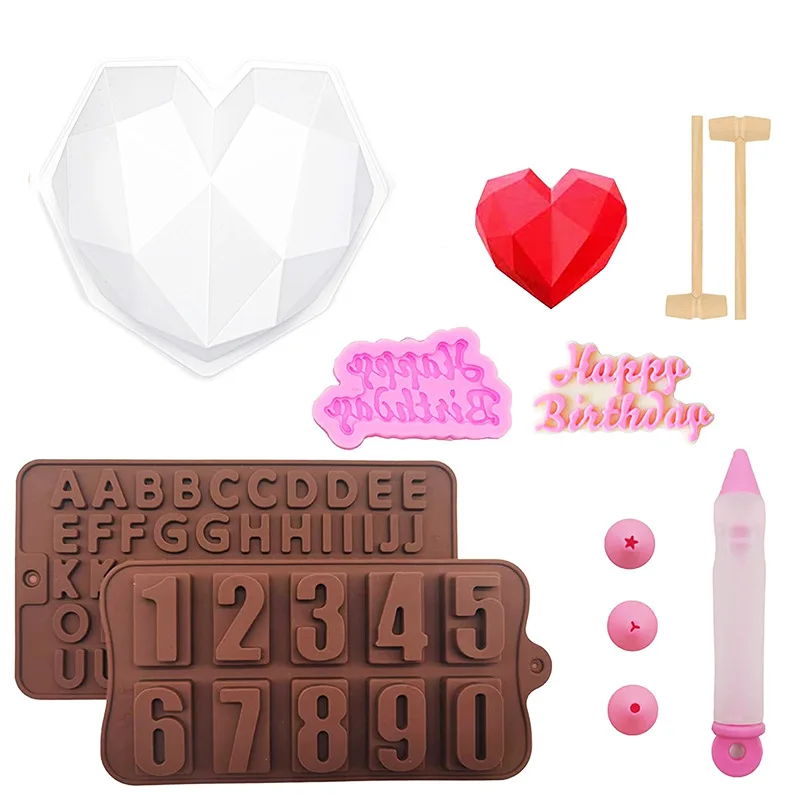 

0962 Digital Letter Chocolate Love Cake Decorating Pen 7-piece Silicone Mold DIY Heart-shaped Mousse Cake Baking Tool, Picture colors
