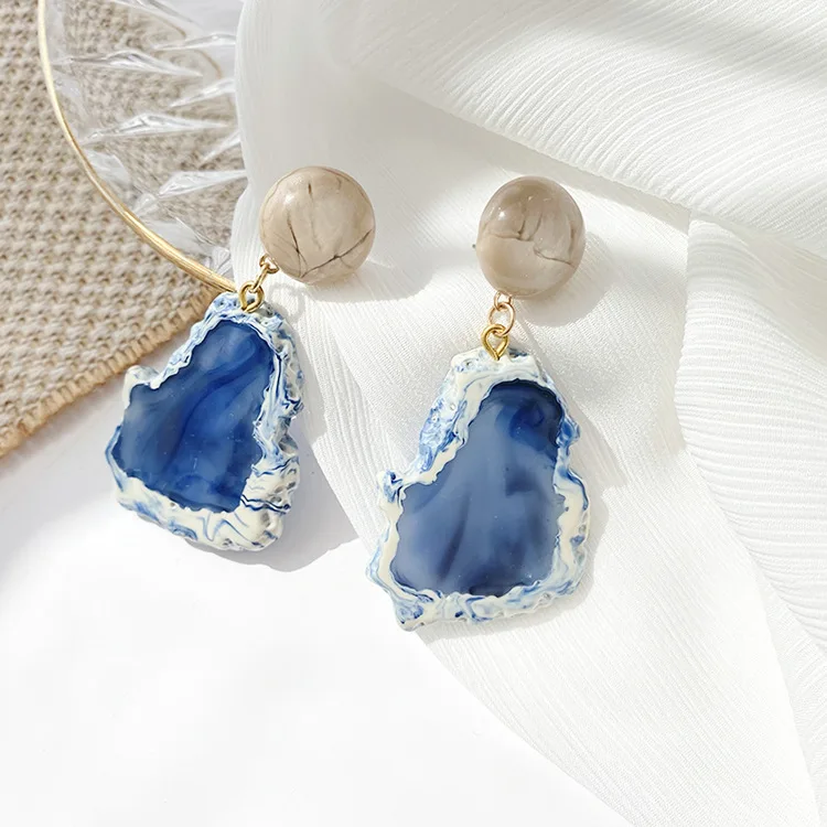 

JUHU 2021 French gentle ice blue drop earrings Vintage Marble Irregular geometry stud earrings S925 silver needle resin Jewelry