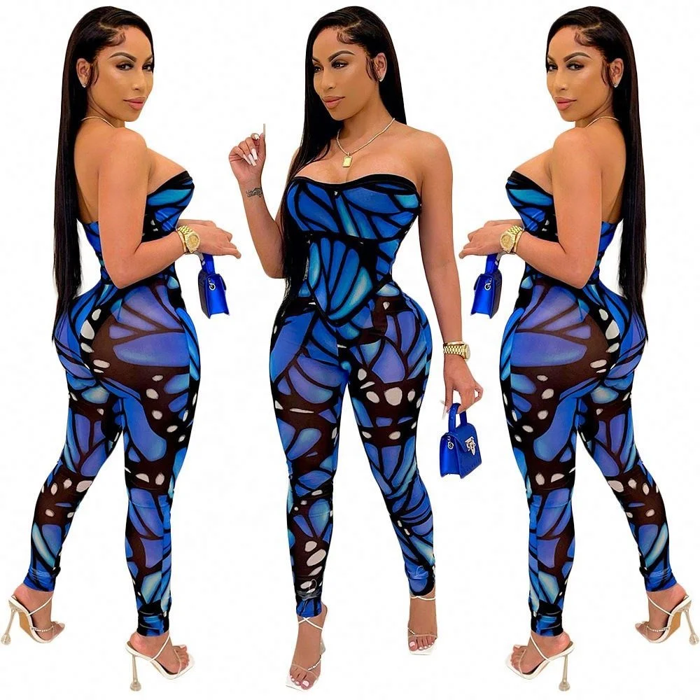 

One Piece Jumpsuit Print Skinny Off Shuolder Sleeveless Backless Low Out Strapless Jumpsuit Women 2021