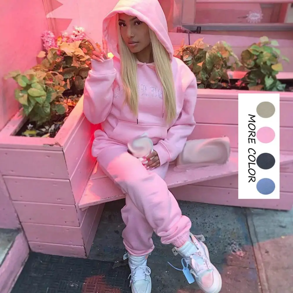 

Fall Winter Ladies Knit Jogging Two Piece Sweat Suits Sweatpants And Hoodie sets for women sweatsuit tracksuit, Photo shows