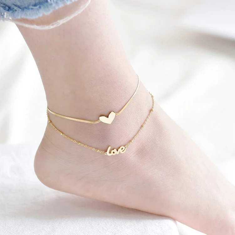 

New Deisgn Double Layered Stainless Steel Anklets Women Snake Chain Love Heart Anklets, Picture