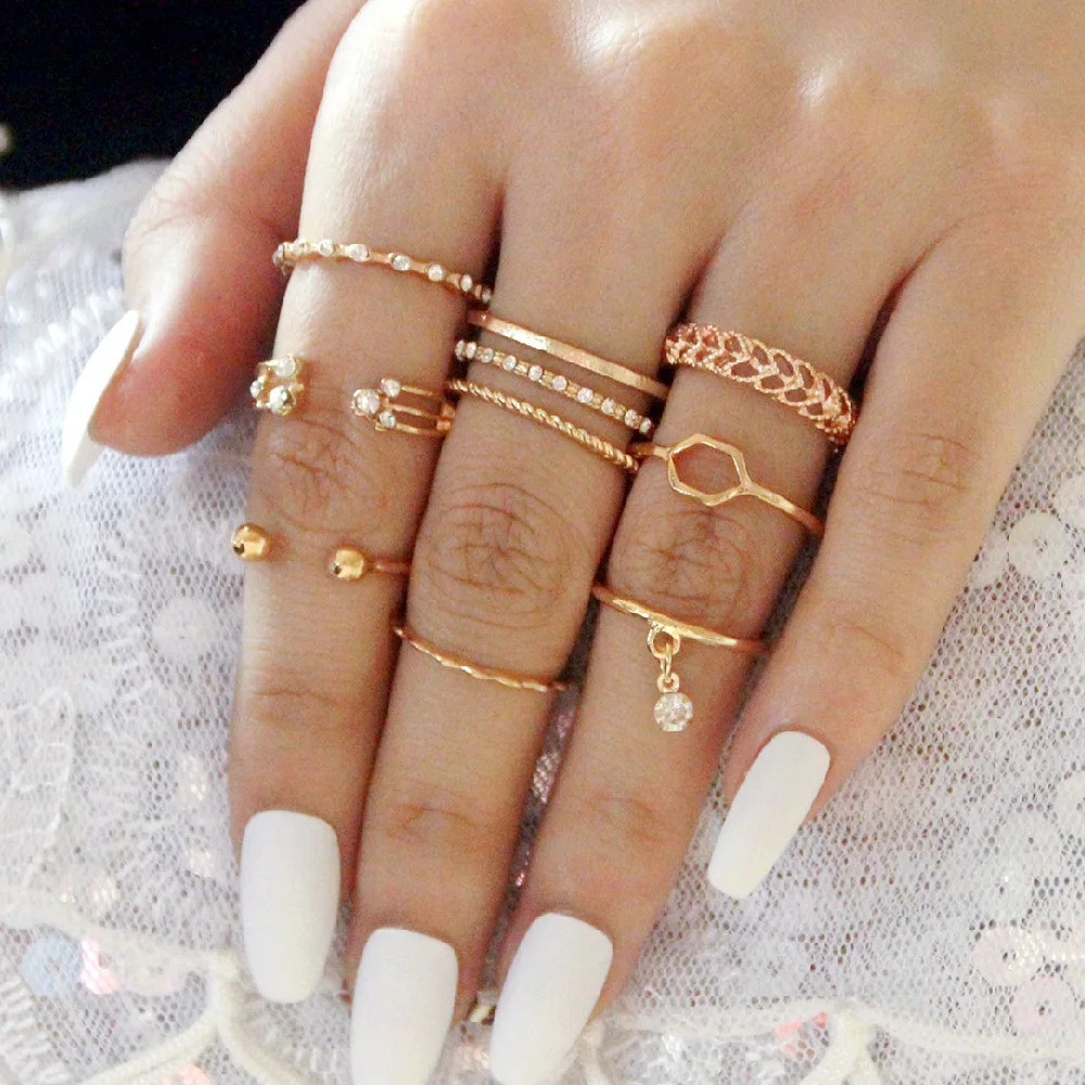 

European and American cross-border new jewelry fashion punk set diamond tail ring knuckle rings, Gold color