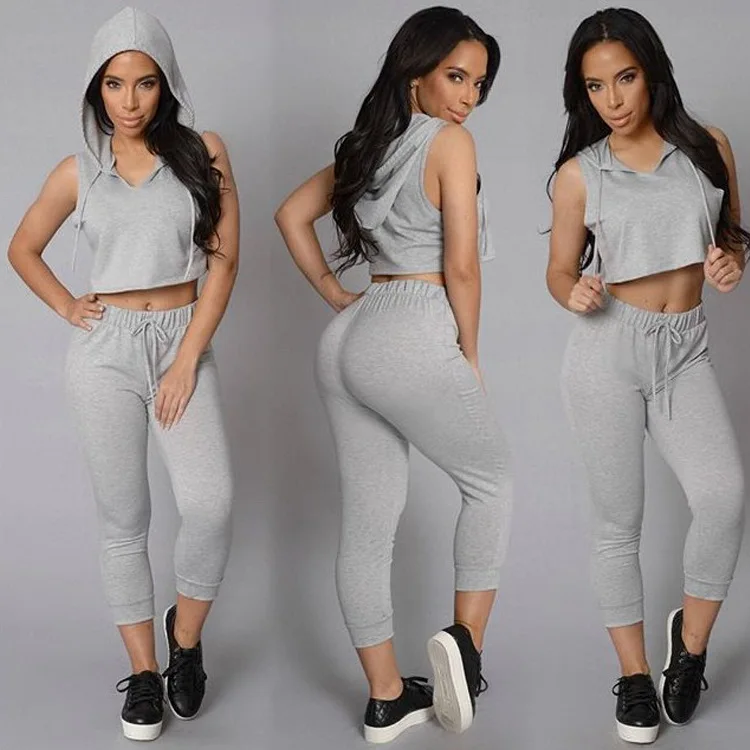 

WW-0875 Short Hooded Tops Of Tall Waist Nine Minutes Of Pants Suit Crop Top Set Casual Trousers Woman Clothing Sets Two Pieces, Customized color
