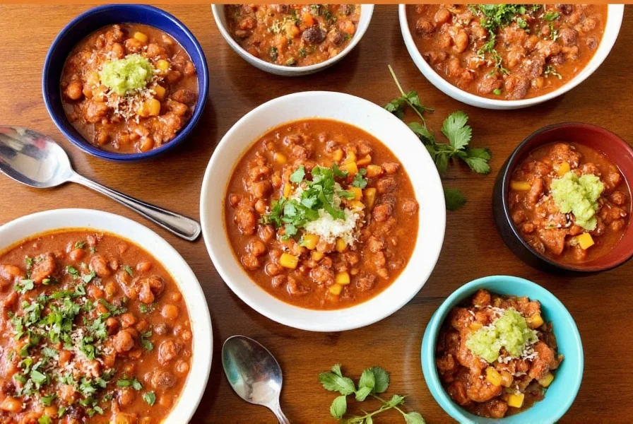Seven different chili appetizer recipes arranged on wooden table with garnishes