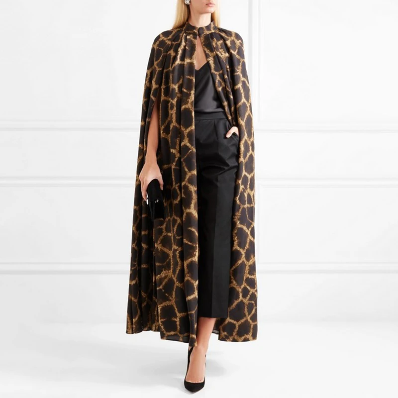 

CHICEVER Casual Leopard Print Women Maxi Cloaks Lace Up Bow Neck Long Open Stitch Bart Sleeved Fashion