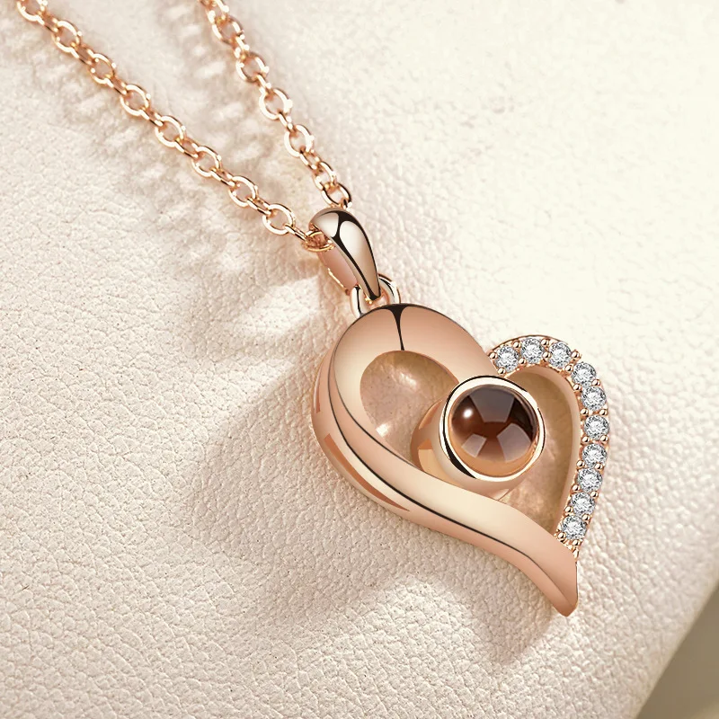 

Valentine's Day I Love You In 100 Languages Rose Gold Plated Heart Memory Projection Pendant Necklace, Rose gold, silver