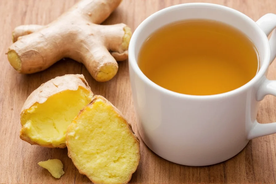 Fresh ginger root next to ginger tea cup showing natural remedy options for acid reflux