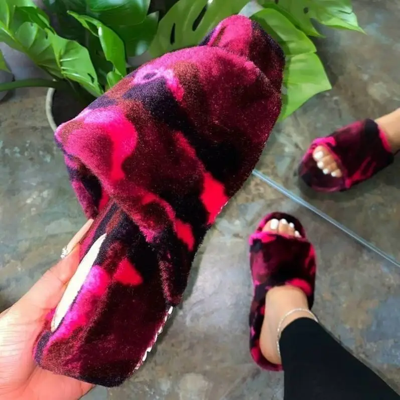 

popular winter fancy furry sandals fuzzy women fur slides thick sole faux fur indoor slippers