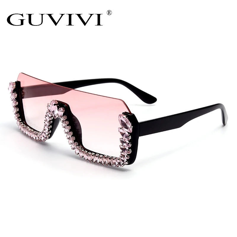 

GUVIVI 2020 Lady's sunglasses UV400 Luxury crystal sunglasses Diamond Plastic Trendy One-piece Semi- rimless sunglasses, Please see color card