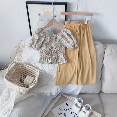 

Girls Clothes Summer Floral Crumpled One-shoulder Top And Wide-leg Pants Girls Clothing Set