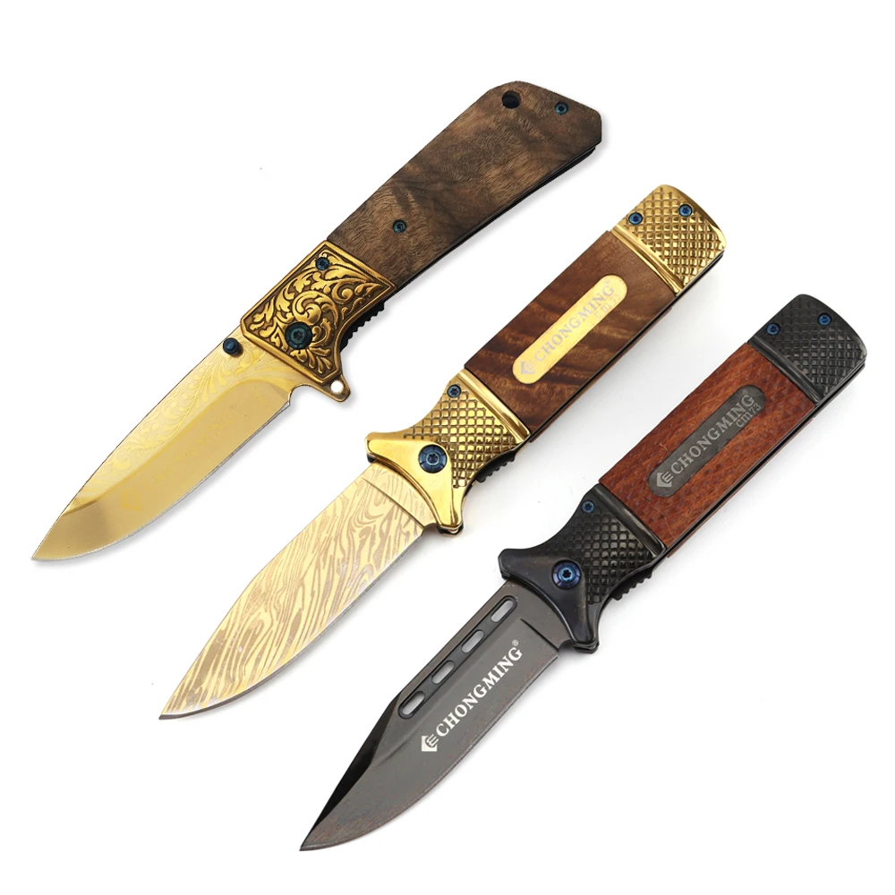 
New arrivals 2020 gold luxury business gift sets stainless steel wood tactical survival camping folding hunting pocket knife 