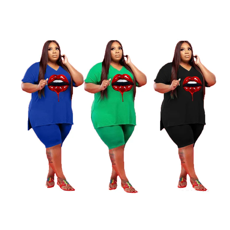 

2021 New summer Sexy V-neck plus size women clothing red lips sport wear two piece short set, 3 colors