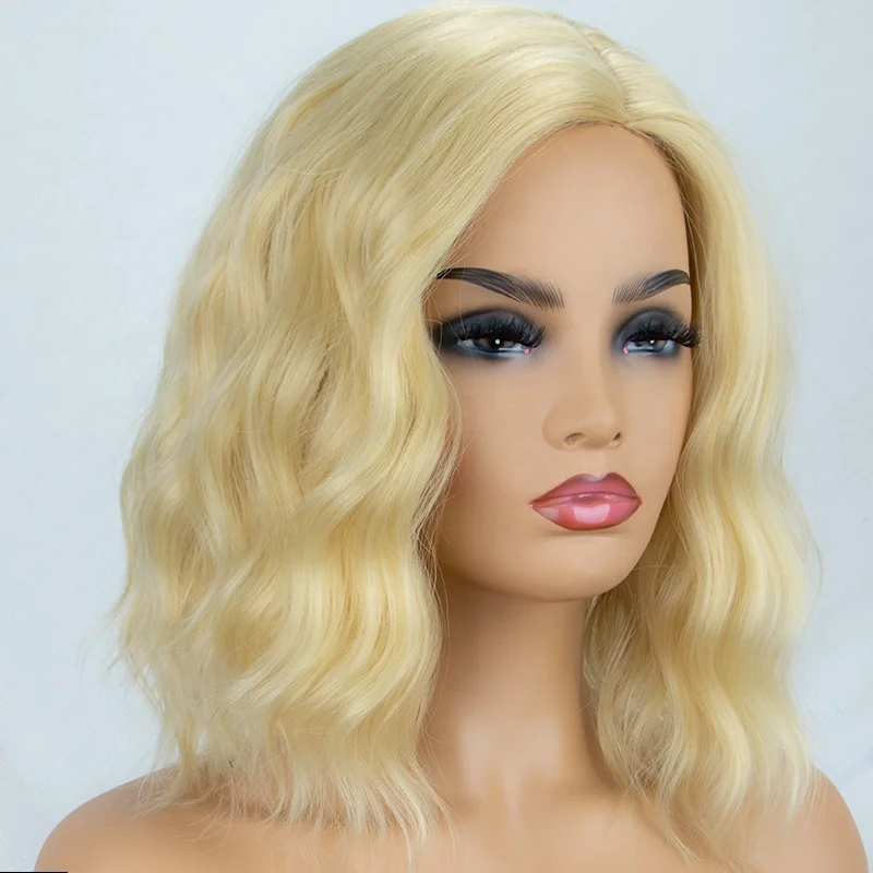 

Aliblisswig Left Side Parting Shoulder Length Pastel Blonde Short Wavy Bob Heat Friendly Fiber Hair None Lace Synthetic Wigs