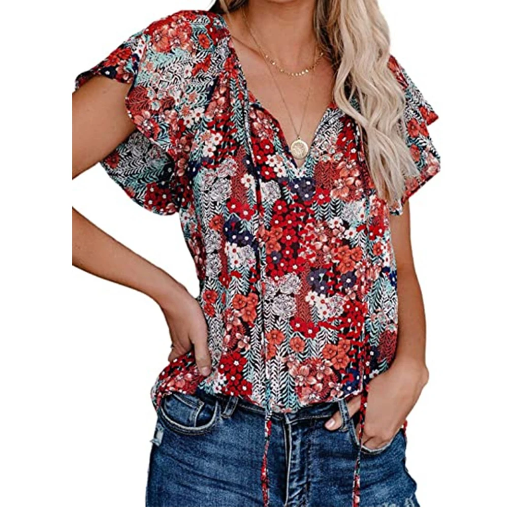 

Trending products 2021 new arrivals Fashion Best Sale Women's Chiffon V Neck Short Sleeve Printed Shirts For Women Blouses, Picture showed