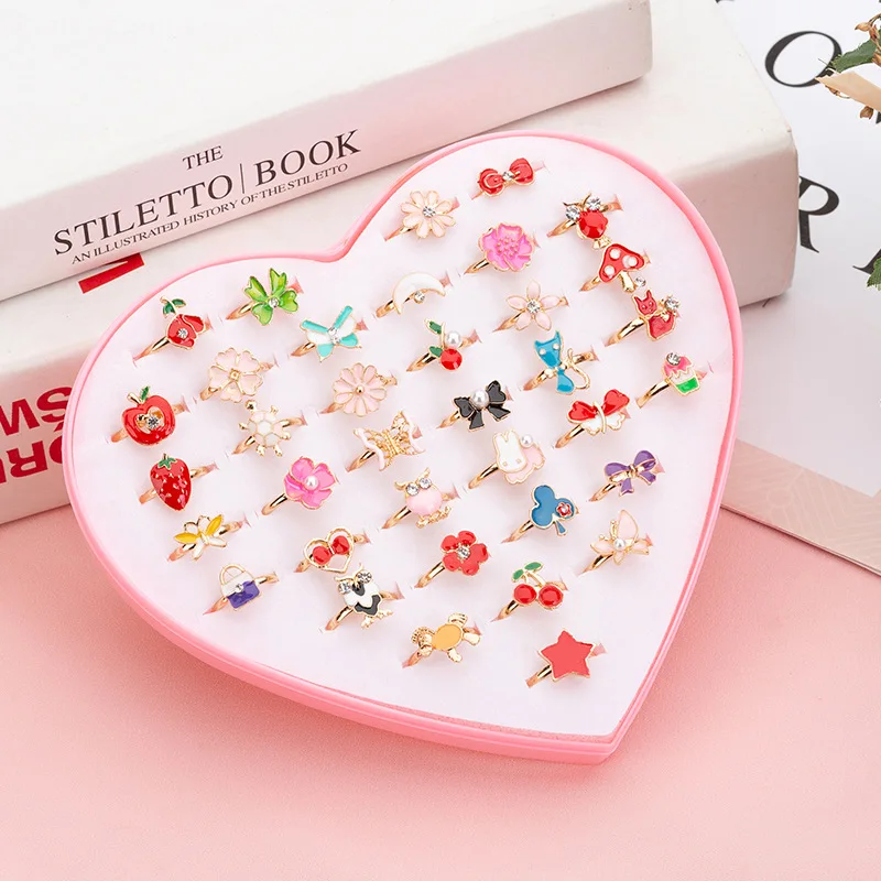 

Children Kids Little Girl Gift Adjustable Rings in Box Girl Pretend Play and Dress up Rings Kids Rings Jewelry Wholesale, As pictures