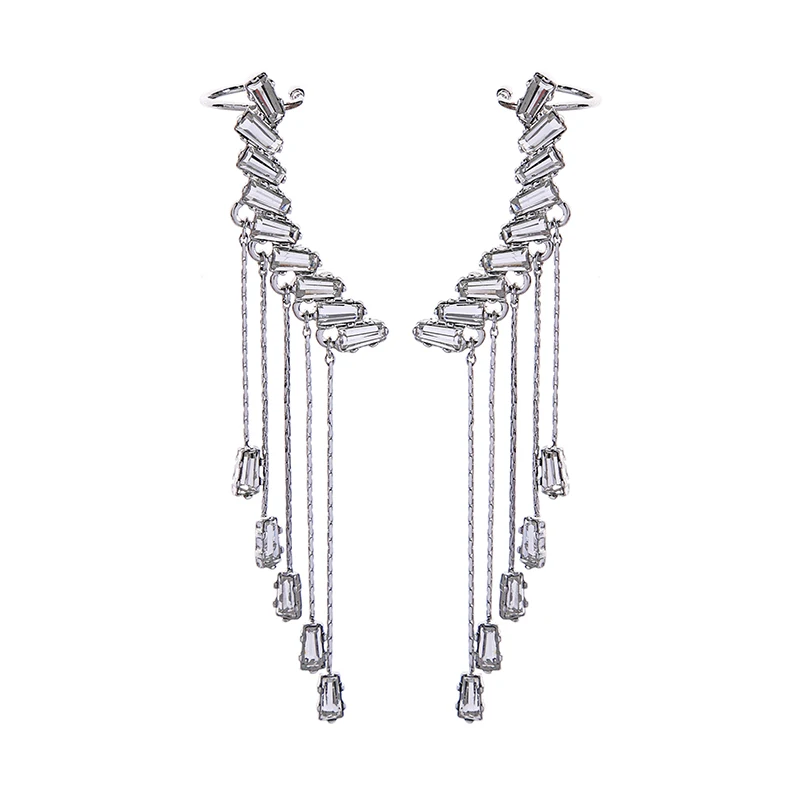 

e9112312 European Personalized Long Layered Silver Chain Tassel Glass Crystal Party Jewelry Climber Statement Earrings, Rhodium