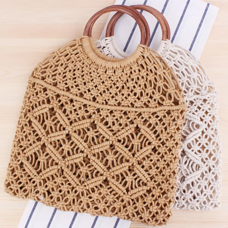

Large Size Handmade Macrame Bag Travel Beach Fishing Net Round Handle Handbag, Beige and brown
