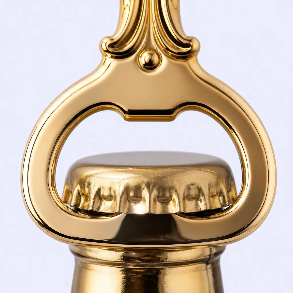 Close-up of the faceted gold opener prying a gold bottle cap
