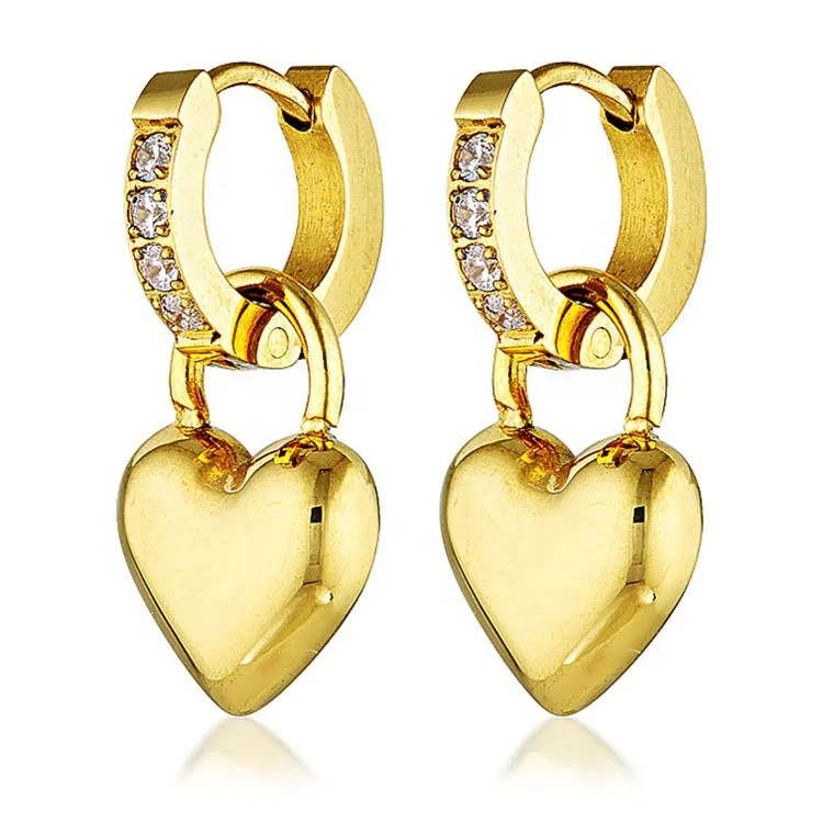 Trendy Bijoux Acier Inoxydable Fine Jewelry 18K Gold Plated Stainless Steel Huggie Earring Diamond Heart Hoop Earrings for Women