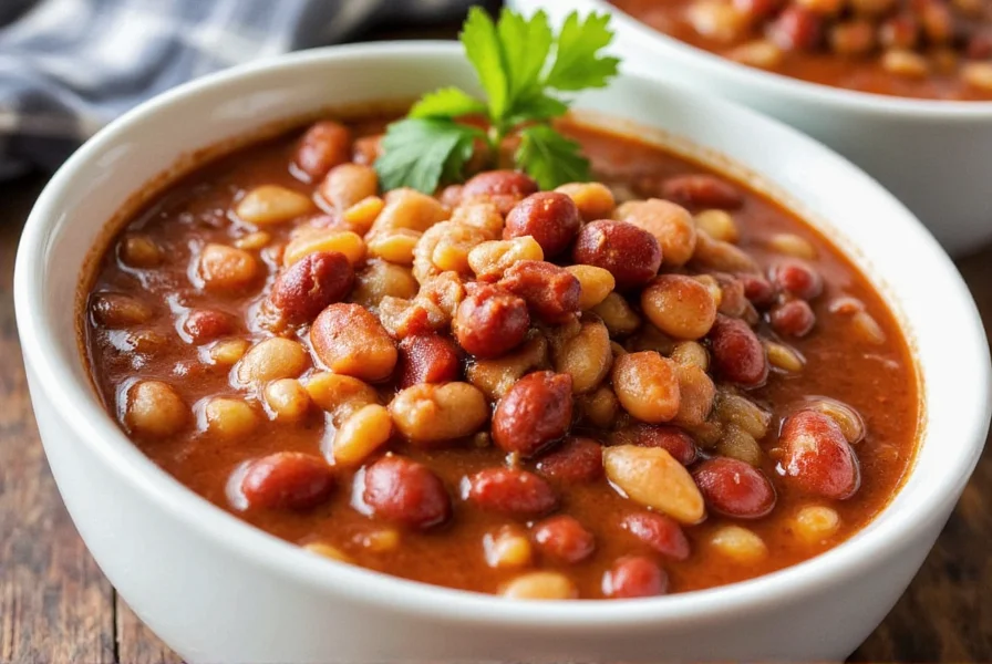 Serving bowl of chili beans with toppings