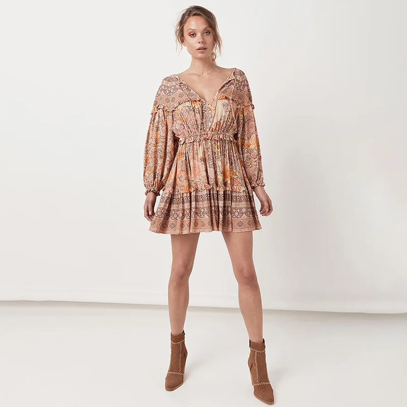 

2020 New Arrival spring summer deep v long sleeve print bohemian women ladies mini dresses