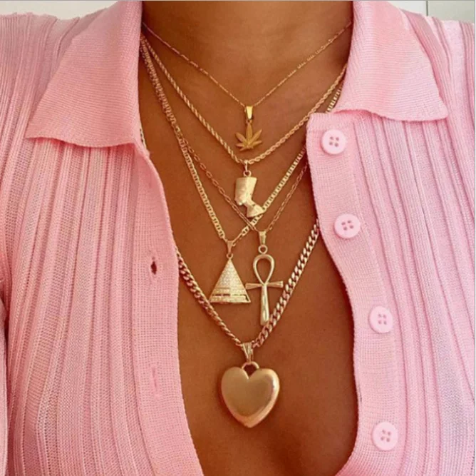 

Exaggerated metal maple leaves Egyptian Pharaoh Cleopatra pyramid Love Pendant multi-layer necklace women's factory direct sales