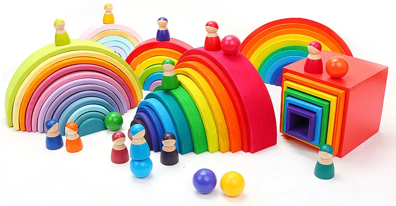 儿童玩具彩虹堆acker 机木制玩具儿童创意彩虹积木蒙特梭利教育玩具