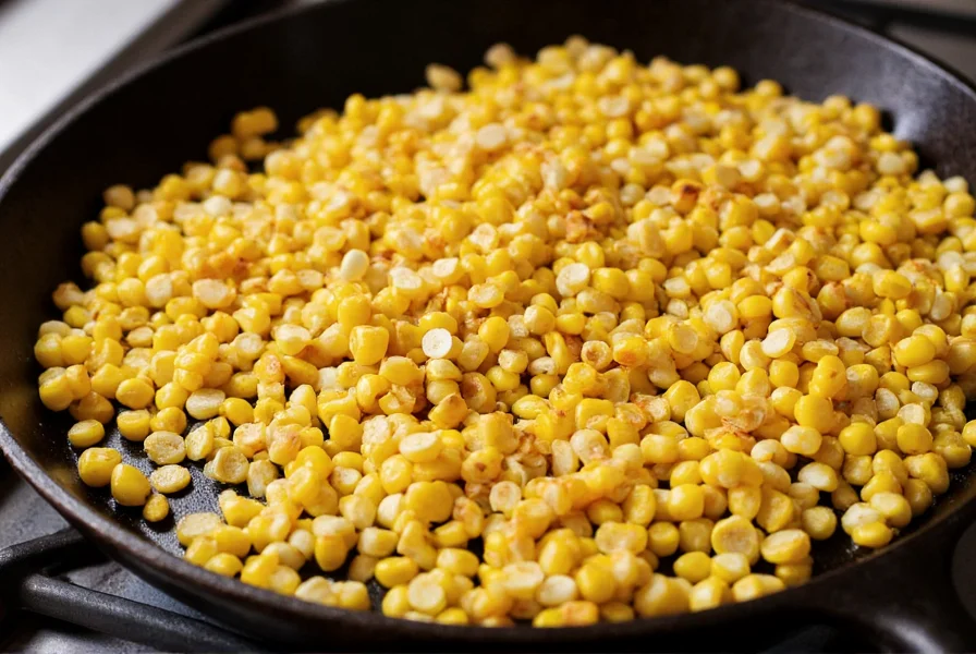 Fresh corn kernels being grilled on a cast iron skillet for chili corn salsa preparation