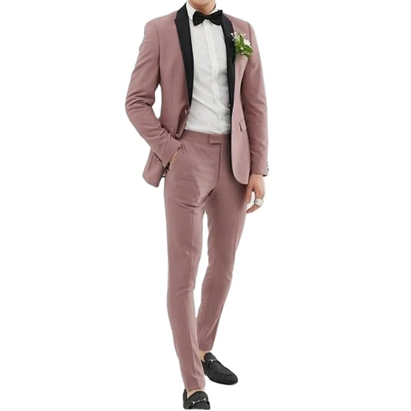 

2022 Dusty Pink Black Lapel Groom Wedding Suits Slim Fit Groomsmen Tuxedos Costume Blazer 2 Pieces