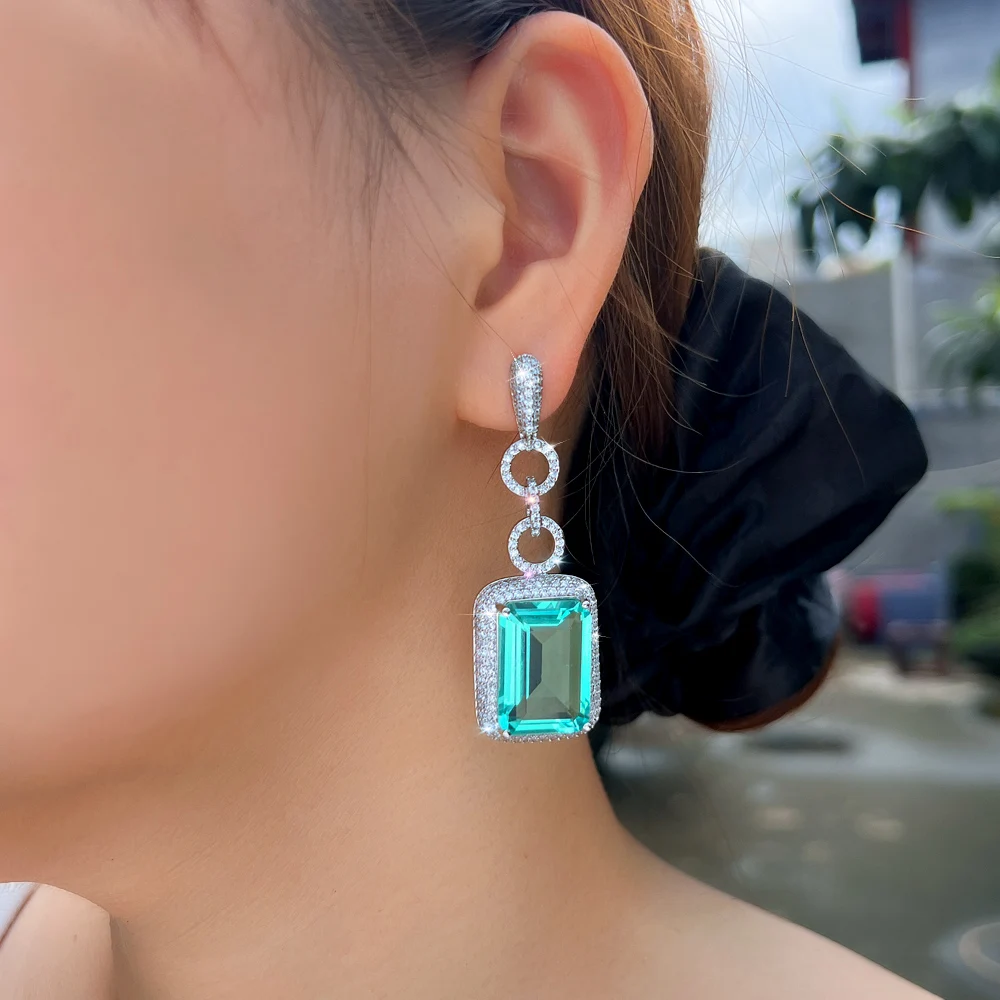 Big Rectangle Light Green Cubic Zirconia Crystal Dangle Drop Long Earrings for Women Luxury Party Jewelry Accessories