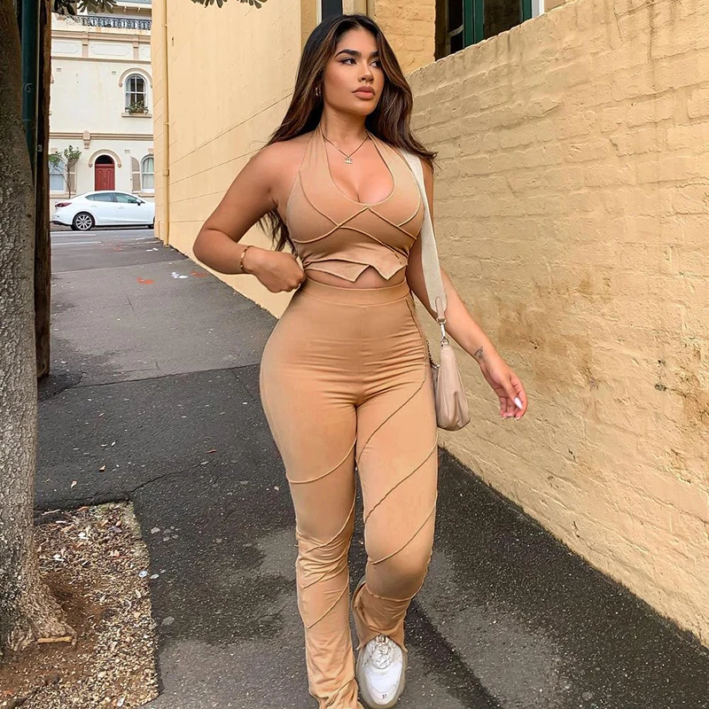 

Dropshipping Solid Color Stitching Sleeveless Hanging Neck T Shirt Slim Suit Two Piece Pants Set