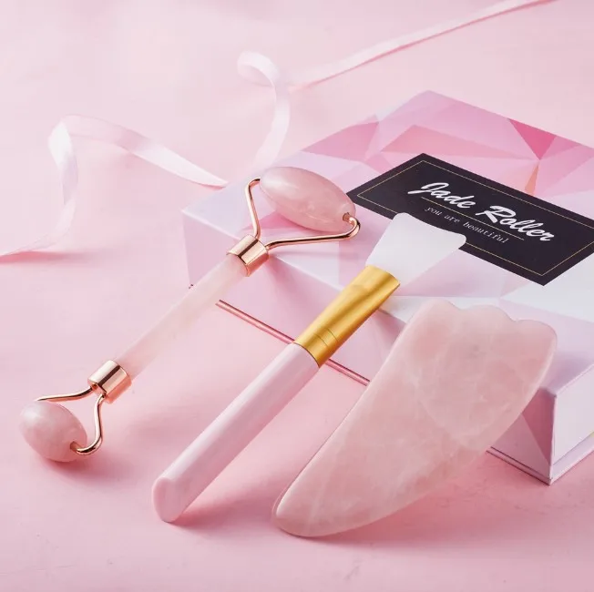 

natural jade facial roller set pink crystal quartz stone jade roller with box