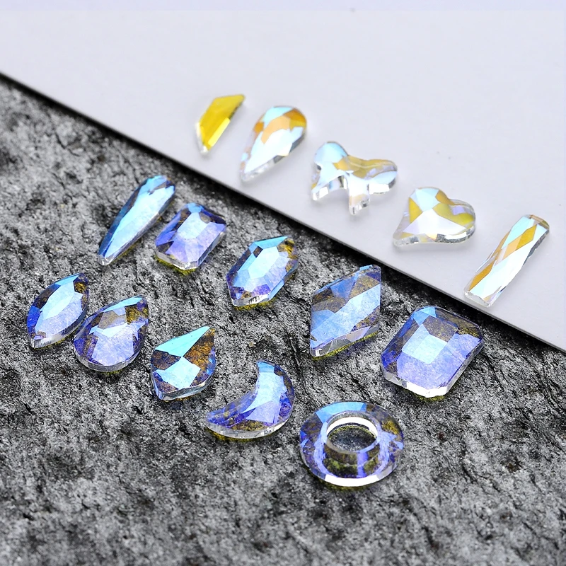 

aurora flat bottom glass rhinestone mixed size irregular manufacturer direct sale for nail accessories
